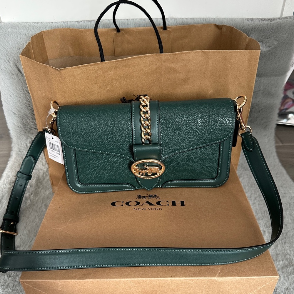Coach Dark Green Pebbled Leather Crossbody with Gold Chain